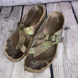 Mephisto Helen Leather Sandals 40 Brown Buckle Arch Support Slip On Cork Footbed